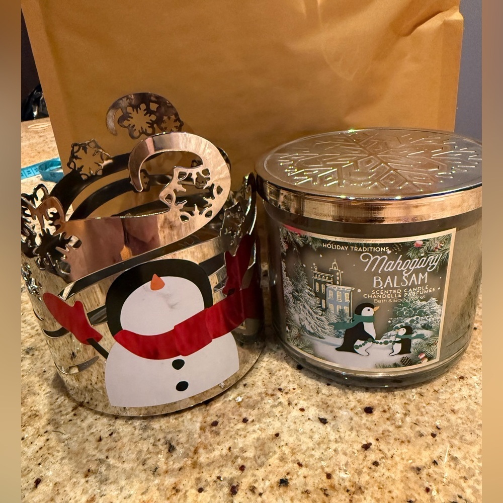 Bath & Body Works Mahogany Balsam Candle - Green and Silver with candle holder
